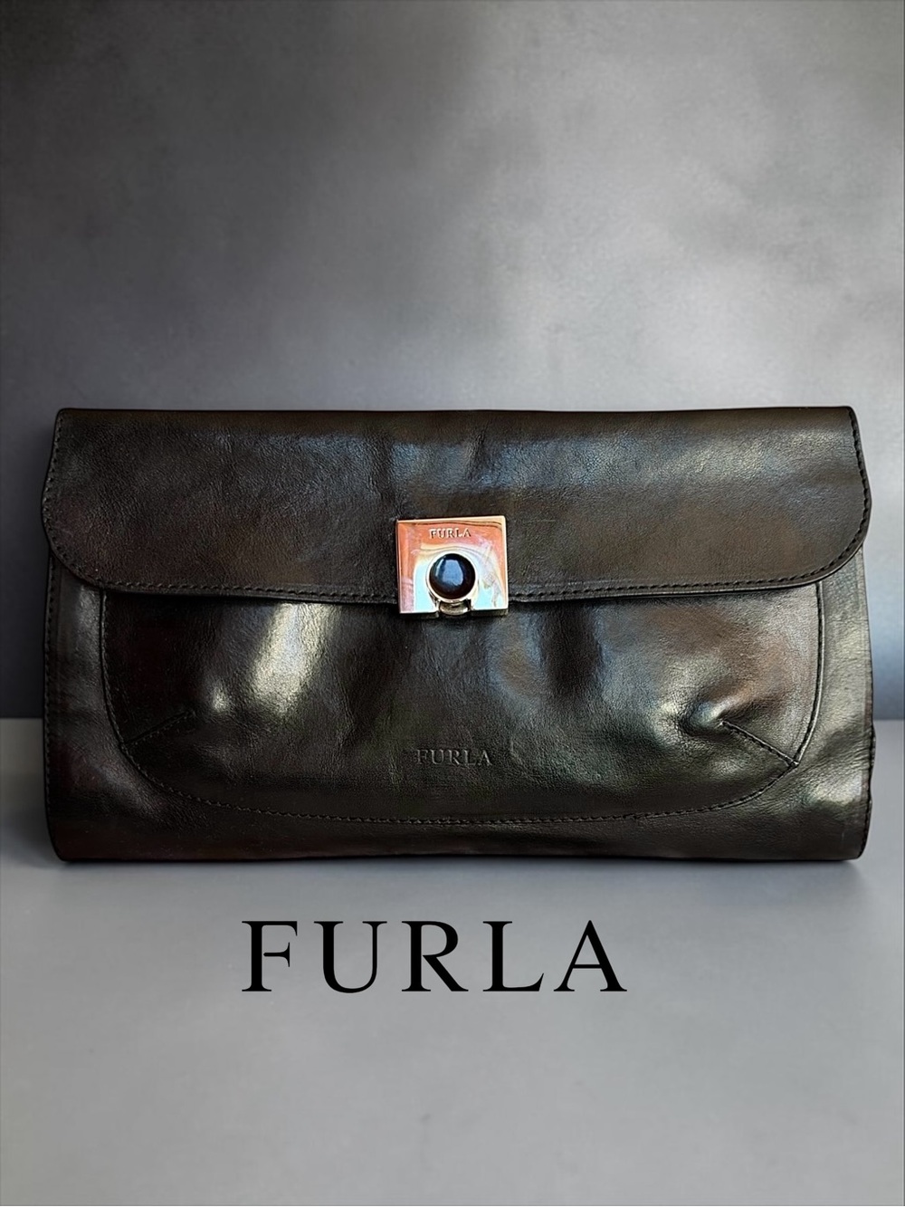 FURLA VINTAGE Black Convertible Evening Clutch With Twist Lock. Retails $450.